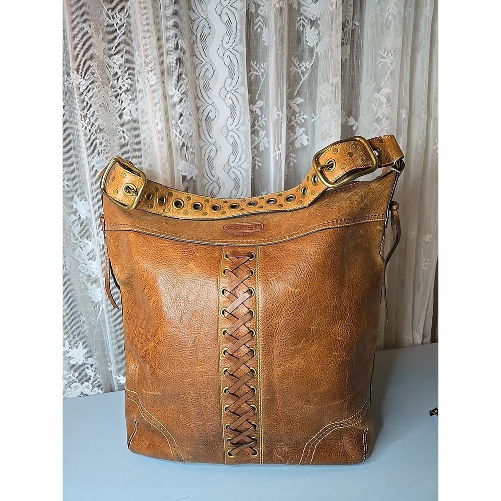 Y2K COACH Tan Leather, Legacy Lace Up Hobo Shoulder Bag, Hang Tag, 10400 2006